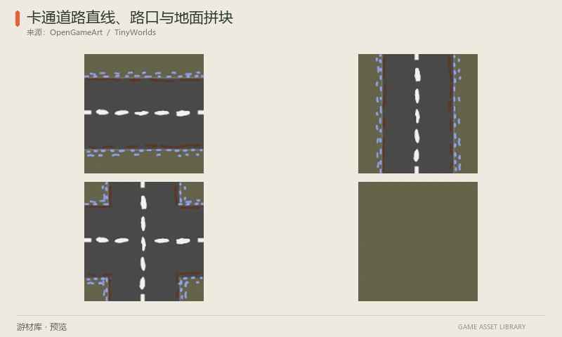 卡通道路直线、路口与地面拼块：横向、纵向道路、十字路口和普通地面四张PNG地块，附GIMP的XCF源图及游戏截图参考。