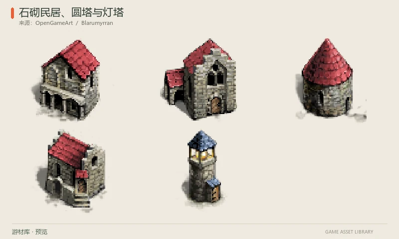 石砌民居、圆塔与灯塔：四种红屋顶石砌建筑及一座灯塔，提供五张72×72透明PNG与组合预览。