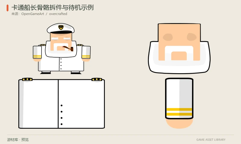 卡通船长骨骼拆件与待机示例：白衣船长的头、身体、眉眼、烟斗、四肢等PNG拆件，含完整角色图、SVG源图和简单待机动画示例。