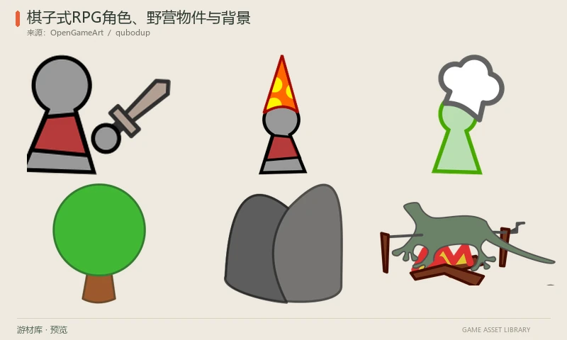 棋子式RPG角色、野营物件与背景：简化棋子人物、武器、树木、岩石、池塘和野营物件，配爆破、三帧火焰和六组背景/地表SVG。