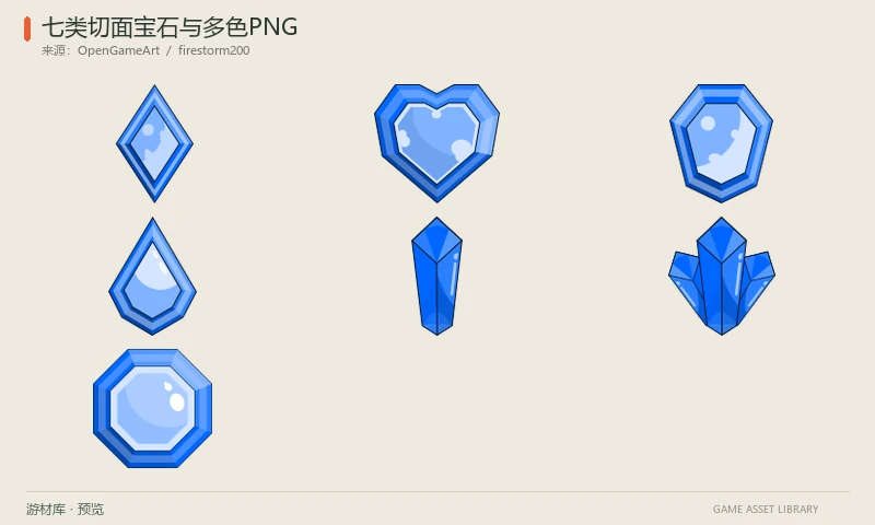 七类切面宝石与多色PNG：菱形、圆切面、水滴、六边切面、单晶柱、晶簇等七种宝石基形，配六组颜色PNG。