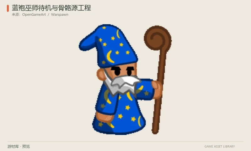 蓝袍巫师待机与骨骼源工程:蓝色星月长袍巫师的头、眼睛、手臂、身体与法杖PNG拆件,含待机图表/GIF、SVG和Spriter SCML工程。