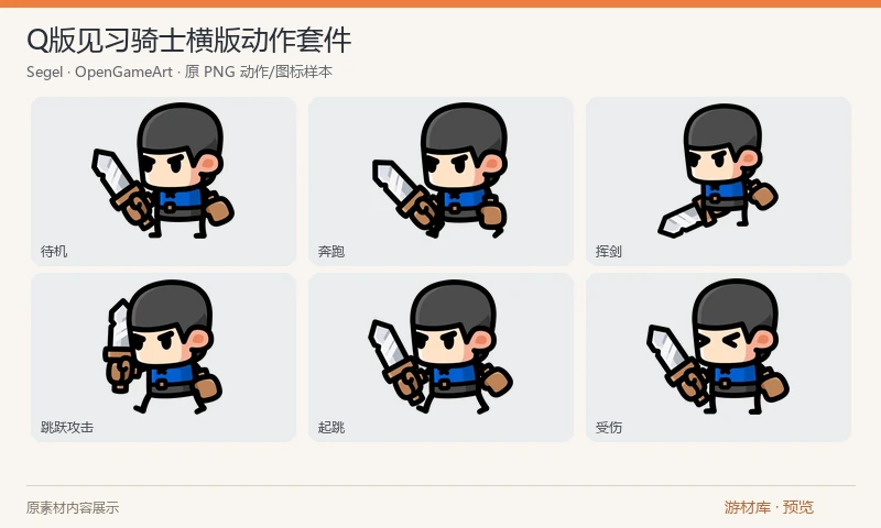 Q版见习骑士横版动作套件：持剑见习骑士的透明 PNG 动作序列，含待机、奔跑、挥剑、跳跃攻击、起跳、下落、受伤和倒下；攻击另有带效果与不带效果的版本。
