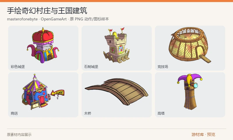 手绘奇幻村庄与王国建筑：J&T Story 原项目释放的手绘 PNG 建筑和地图元素，包含彩色城堡、石制城堡、高塔、商店、竞技场、桥、城墙与河道，保留原始整体合集。