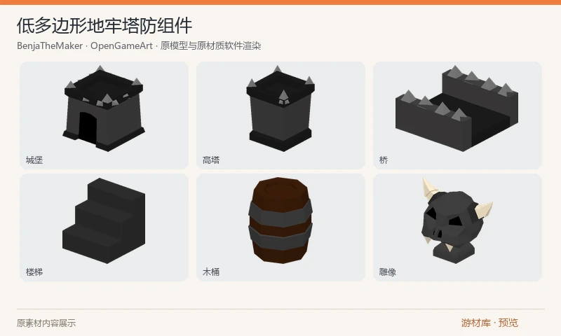 低多边形地牢塔防组件：AurynSky 的地牢与塔防三维组件原包，含城堡、高塔、桥、楼梯、柱子、木桶、箱子、门与机关；包含 FBX、Blender 工程、配色贴图及 Unity 包。