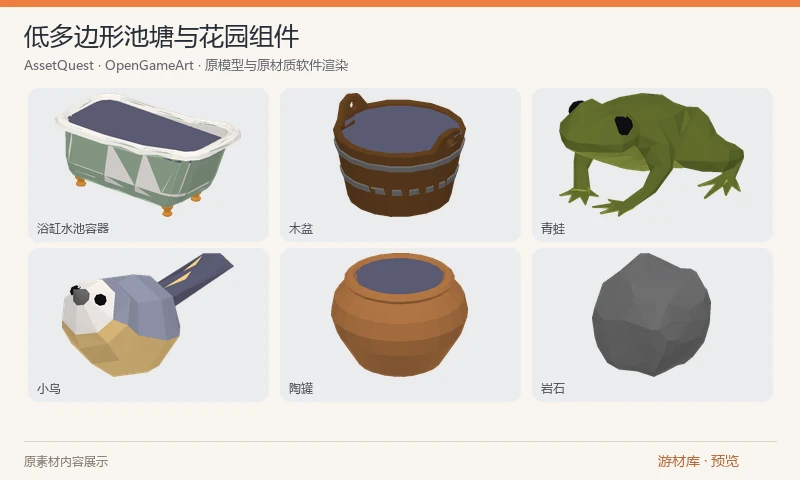 低多边形池塘与花园组件：卡通池塘与庭院三维套件，含水池、木盆、陶罐、岩石、水生植物、青蛙、小鸟和蜻蜓等 FBX。植物使用带透明通道的图集，水面独立以便配置材质。