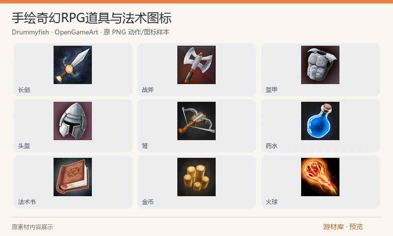 手绘奇幻RPG道具与法术图标：32 张 128×128 奇幻 RPG 图标，包含兵器、护甲、药水、法术书、金币与法术等主题。作者说明由自己绘制，并使用自有模型与照片纹理辅助制作。