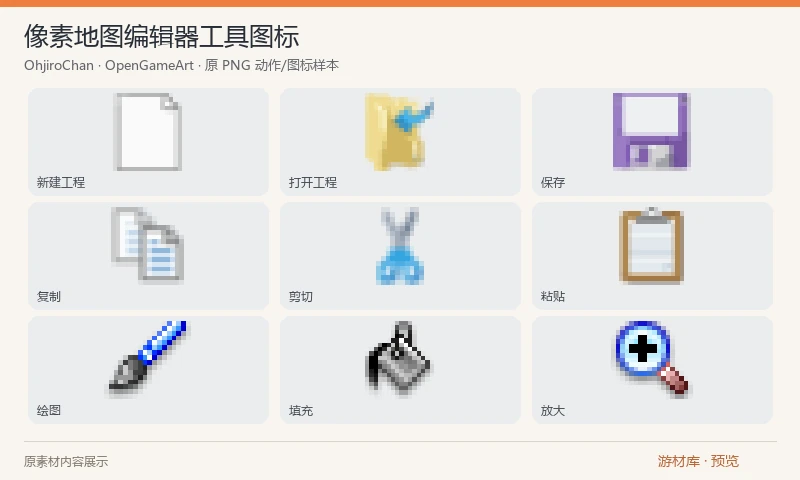 像素地图编辑器工具图标：29 张小尺寸编辑器图标，涵盖新建、打开、保存、复制、剪切、粘贴、绘图、填充、图层和缩放，主要为 18×18 PNG，另有透明背景示意图。