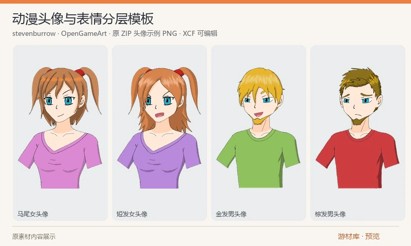 动漫头像与表情分层模板：一套从零绘制的动漫男女半身头像，附 GIMP XCF 分层工程和八张 1000×1000 示例 PNG，可组合发型、眼睛、嘴型并调整颜色。轮廓及填色处保留原作质量，适合自行整理后使用。