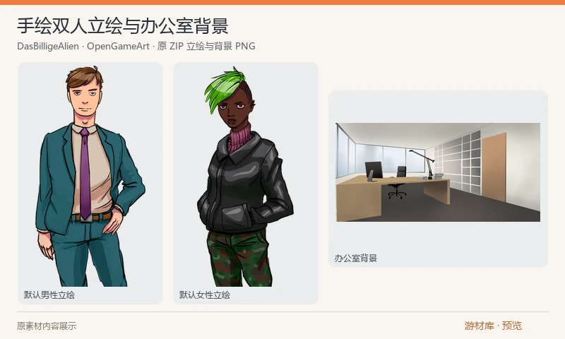 手绘双人立绘与办公室背景：为 Belle 视觉小说教程绘制的素材套件，含男、女各一张默认状态 PNG、一张办公室背景和 Krita 源工程，可用于对话场景原型与继续绘制。