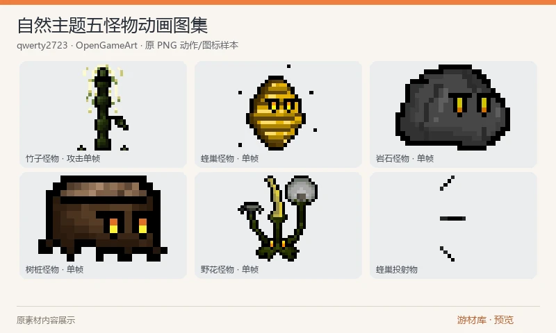 自然主题五怪物动画图集：竹子、蜂巢、岩石、树桩和野花五种像素怪物的 PNG 图集，包含待机、攻击、受伤或死亡等动作素材及部分投射物。五种角色和原始大图集作为一个作者整包提供。