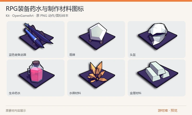 RPG装备药水与制作材料图标：52 张 PNG，含武器、盾牌、头盔、护甲、药水、矿石、水晶及分类符号。彩色物品采用带底座的斜视图样式，另有简化装备类别标记。多套配色保留在同一个原包内。