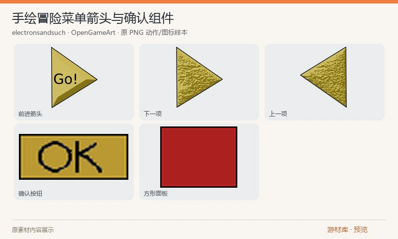手绘冒险菜单箭头与确认组件：5 张 PNG 组件：前进箭头、上一项、下一项、OK 确认按钮和红色方形面板；另附 3 个箭头的 Krita 工程。作者为自己的 Giant Spider Adventure 制作，规模小，适合简易菜单原型。