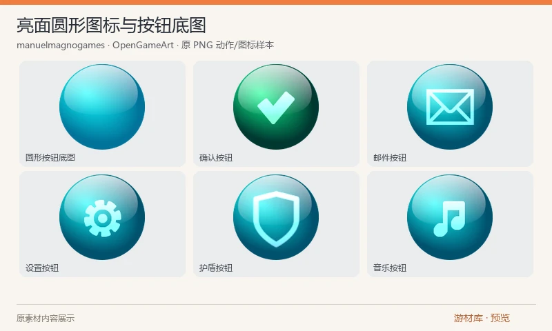 亮面圆形图标与按钮底图：6 张 PNG 与 1 个 SVG，包含绿、蓝、橙黄色圆形按钮底图，以及确认、邮件、设置、音乐、护盾等图标按钮图集。作者说明为自己未采用的 Magic Odyssey 界面美术。