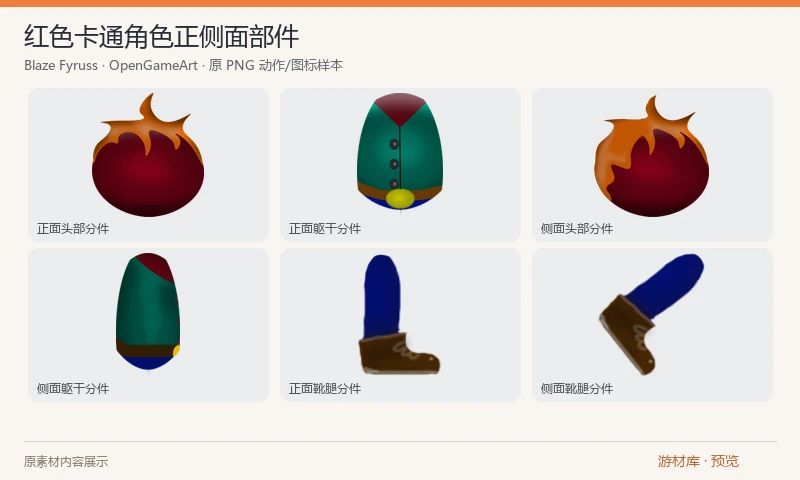 红色卡通角色正侧面部件：2 张 PNG 角色部件表，分别包含正面与侧面的火焰发型头部、眼部、躯干、手臂和靴腿。适合自行装配角色或制作骨骼动画，原包没有成品行走攻击序列。