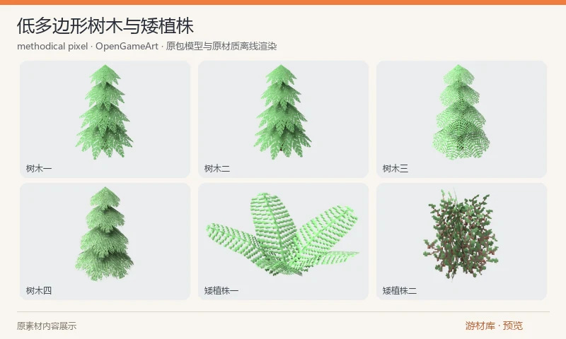 低多边形树木与矮植株：Blender 格式的树木与植物小套件，包含数种树木、无叶树和矮植株，以及同模型的配色变体、色板图片和 XCF 源文件。预览选取不同基础模型，配色变体不另计资源。