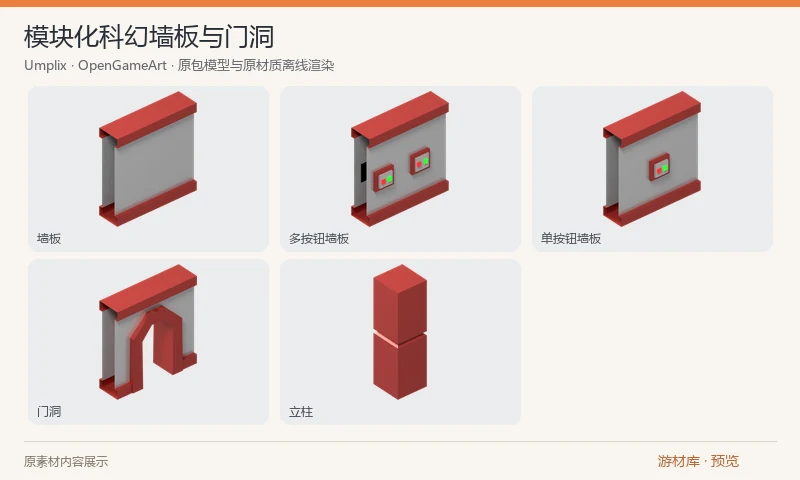 模块化科幻墙板与门洞：基础科幻建筑组件 FBX，实际含普通墙板、两类按钮墙板、门洞和立柱。适合拼接简洁的室内通道、实验室或科幻房间结构。