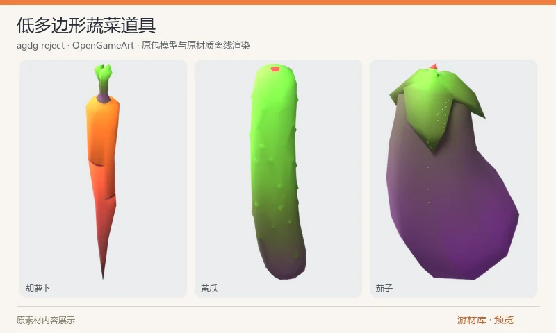 低多边形蔬菜道具：胡萝卜、黄瓜和茄子三件 OBJ 蔬菜模型，附 MTL 和原 PNG 贴图。作者说明物件之间可能需要自行调整比例，适合农场收获物或食材道具。