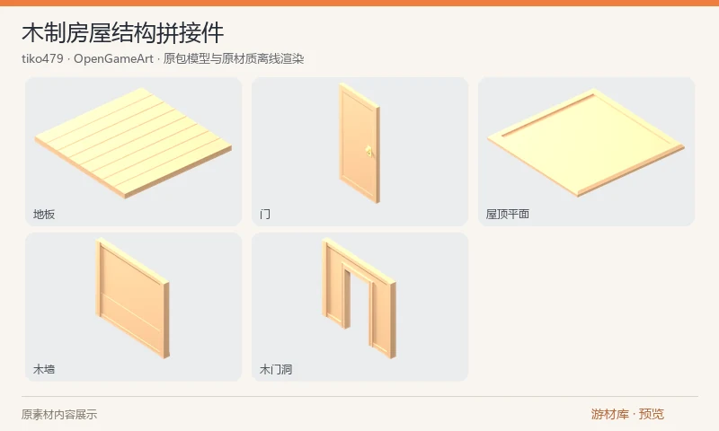 木制房屋结构拼接件：五件木制建筑结构的 FBX，包含地板、顶板、木墙、门洞墙与门。适合简单房屋结构拼接和建筑玩法原型，不包含另一项目的整栋成品房。