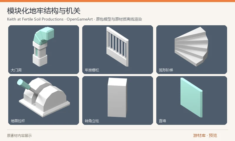 模块化地牢结构与机关：地牢主题 OBJ 组件，含地板、弧形和直墙、牢房栅栏、门洞、立柱、坡道、楼梯、拉杆与地面开关。适合拼接地牢房间或机关关卡原型。