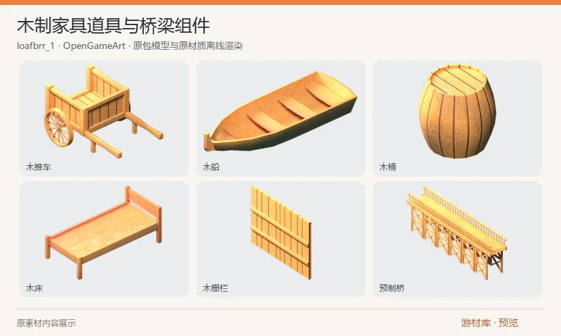 木制家具道具与桥梁组件：木制三维物件项目，包含桌椅、床、木桶、推车、小船、木剑等道具，以及模块化栅栏、桥梁和三个预制桥；附 FBX、glTF、Blender 和 Godot 文件及原贴图。