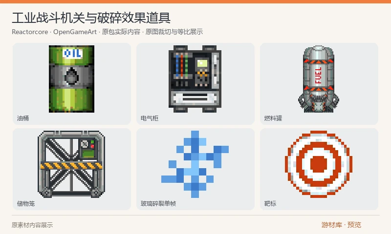 工业战斗机关与破碎效果道具：工业关卡用的油桶、危险品桶、电气柜、燃料罐、储物箱笼、玻璃和靶标，另有玻璃碎裂逐帧图像与图集。可用于可破坏物件和危险区域的外观。