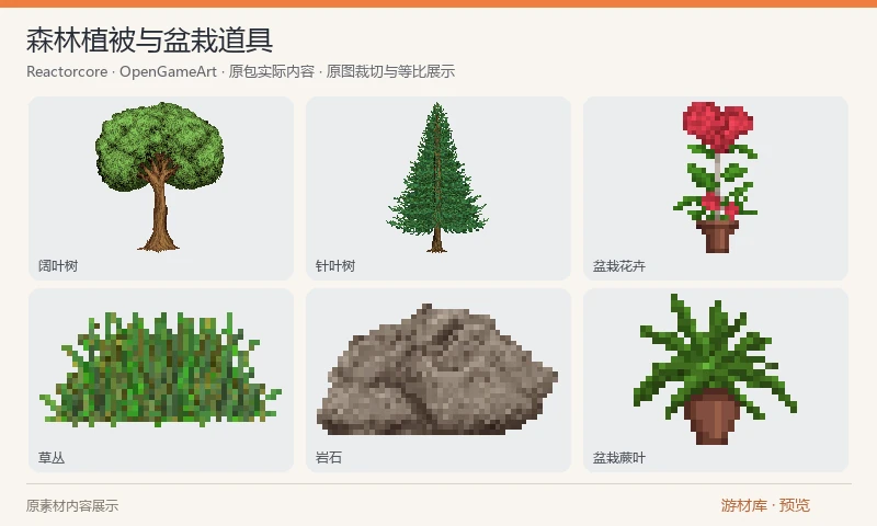森林植被与盆栽道具：森林树木、草丛、野生植物、盆栽、果实与岩石PNG素材，附一张总图集。阔叶树和针叶树可配合小型植物用于地表关卡及室内花草装饰。