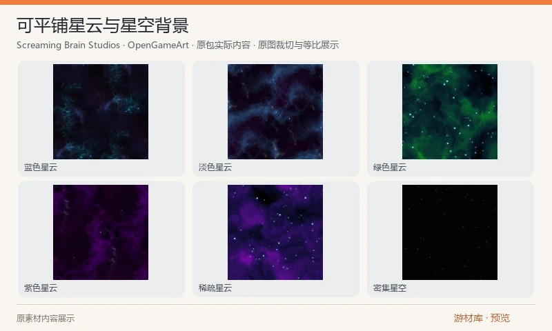 可平铺星云与星空背景：32张1024×1024可平铺PNG星云与星空背景，包含紫、蓝、绿星云及独立星空。适用于太空射击、宇宙地图与滚动背景的图层美术。