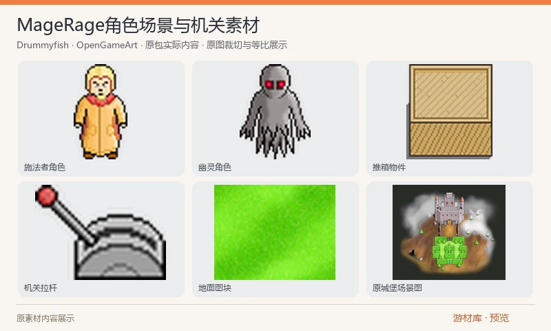 MageRage角色场景与机关素材：MageRage旧游戏的264张PNG图像，涵盖施法者与幽灵角色、推箱、门、拉杆、地面崖边，以及爆炸、传送和施法等逐帧效果，另含界面与城堡示意。