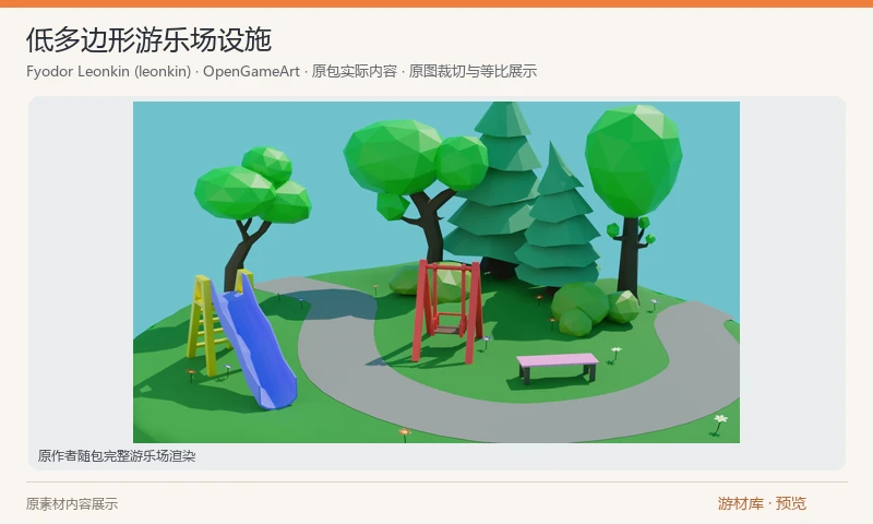 低多边形游乐场设施：低多边形游乐场套件，含滑梯、秋千、长椅、树木、花草、地面与小路，提供18个GLB导出、完整Blend场景及作者渲染图。适合卡通公园与小型休闲场景。