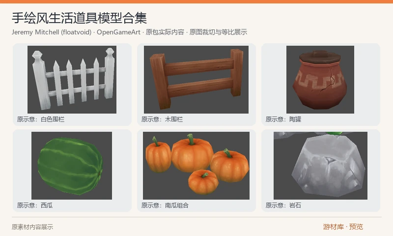 手绘风生活道具模型合集：木围栏分段、罐子、岩石与果蔬道具的9个OBJ，随附PNG/TGA手绘风图集及作者示意图。原作者建议偏无光照或弱光照显示，并说明各模型比例不统一。 部分 OBJ 引用的 MTL 缺失，需自行绑定随包贴图并调整比例；预览取自作者原示意图。