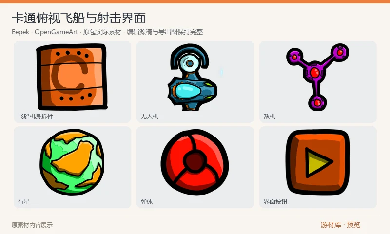 卡通俯视飞船与射击界面：粗描边卡通风格的俯视飞船、敌机、无人机、弹体、行星和界面按钮 PNG 图集，附一张背景。适合太空射击原型，使用前需按图集切出具体物件。