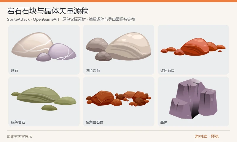 岩石石块与晶体矢量源稿：圆润石块、棱角岩石、岩石簇和晶体的卡通矢量源稿，原 SVG 保留形状及明暗层次，另附作者工程格式。可编辑为场景装饰或岩石道具。