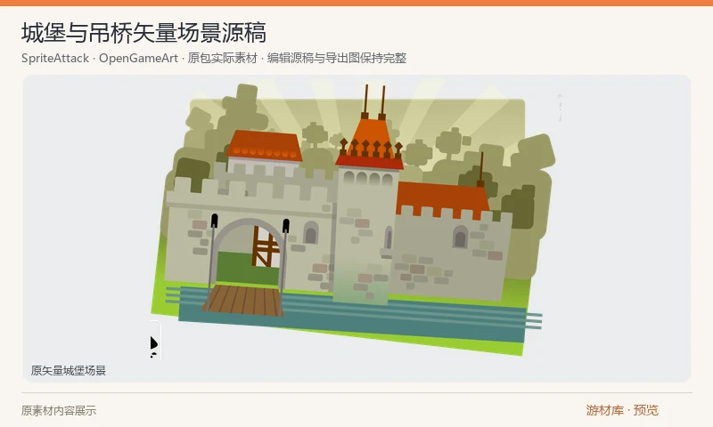 城堡与吊桥矢量场景源稿：城墙、高塔、旗帜和吊桥组成的单幅卡通城堡场景，含 SVG、PDF 和作者工程格式。适合场景插图与矢量改稿，不是可自动拼接的地图瓦片集。