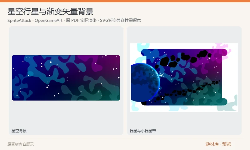 星空行星与渐变矢量背景：星空、行星和小行星带的卡通背景源稿，工作页附渐变构成示例，含 SVG 和 PDF。复杂渐变在不同 SVG 导入器中的呈现可能不同，预览使用原 PDF 的实际渲染。