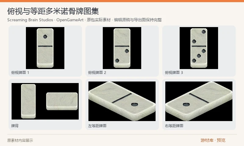俯视与等距多米诺骨牌图集：双六点数体系的二维多米诺骨牌 PNG 图集，提供俯视横竖方向、左右等距视角，以及背面和空白牌。不同视角与牌背属于同套图集，不是数百种独立牌型，也没有三维模型。