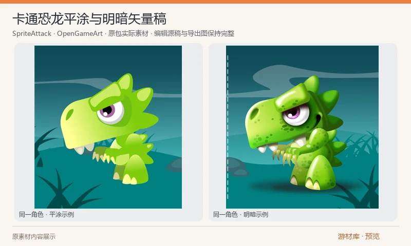 卡通恐龙平涂与明暗矢量稿：单个卡通恐龙的矢量绘制项目，包含头部和身体拆件，以及同一角色的平涂、明暗处理完整示例。附 SVG 与 Affinity 工程，不是两种恐龙或角色动画包。