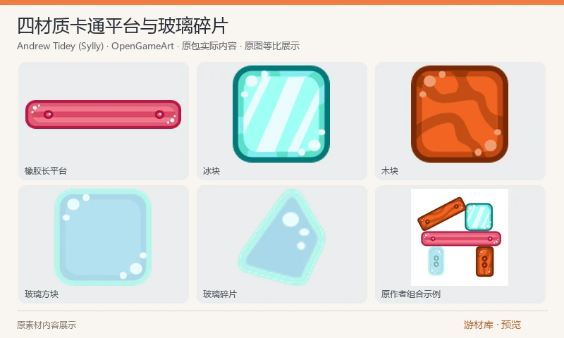 四材质卡通平台与玻璃碎片：橡胶、玻璃、冰和木头四类卡通平台，含长中短平台、方块与玻璃碎片。提供三档尺寸PNG、SVG及原作者示意图；多尺寸属于同一套内容。