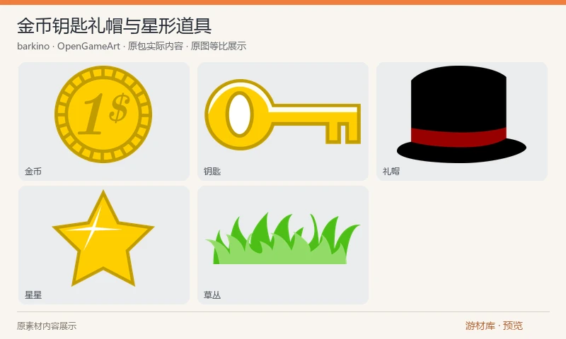 金币钥匙礼帽与星形道具：金币、钥匙、黑色礼帽、星星和草丛五种平面图形，含五个对应SVG、独立PNG及总览图。适合平台游戏拾取物、道具栏和小型原型装饰。