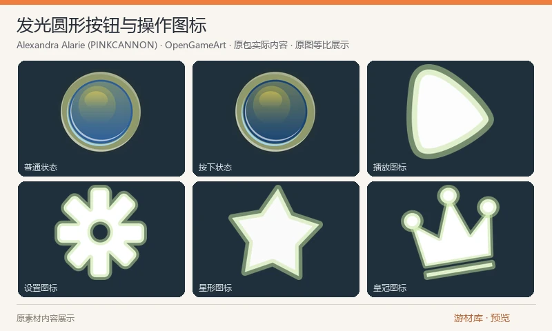 发光圆形按钮与操作图标：七种配色的圆形按钮底图，分别提供普通和按下状态，另含播放、设置、收藏、皇冠等图标和组合示例。包含独立PNG、常规图集及SVG，统一作为一个作者界面套件。高分辨率总图为 14452×20574，导入时需较多内存；预览选自独立按钮、图标与常规图集。