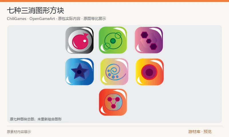 七种三消图形方块：七种圆角三消方块，使用不同色彩和几何符号区分。原包提供透明与深色背景PNG总图，以及AI、SVG源图，可用于休闲消除和图形匹配原型。PNG 是总图，使用时需自行裁切图块。