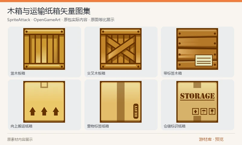 木箱与运输纸箱矢量图集：五种运输纸箱和五种木箱，共十张96×96 PNG，附对应SVG源图。包含封箱胶带、搬运标识、木板结构与箱体标签，适合横版关卡障碍和可推动物件。