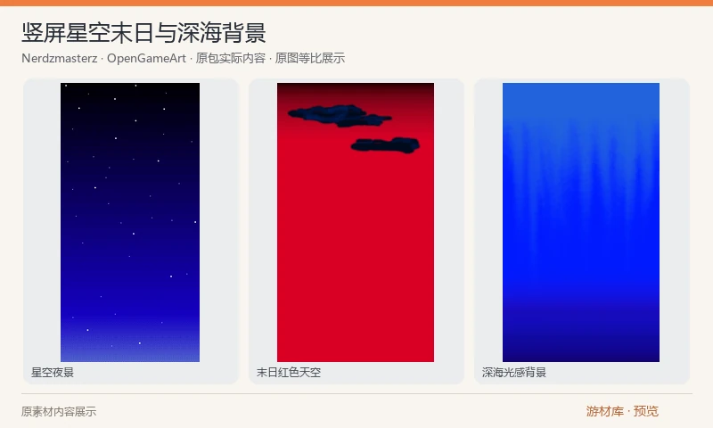 竖屏星空末日与深海背景：免费原ZIP内三张竖幅PNG：星空夜景、红色末日天空与蓝色深海光感背景，尺寸分别为500×1000和1080×1920。适合竖屏游戏远景、氛围画面和背景占位。