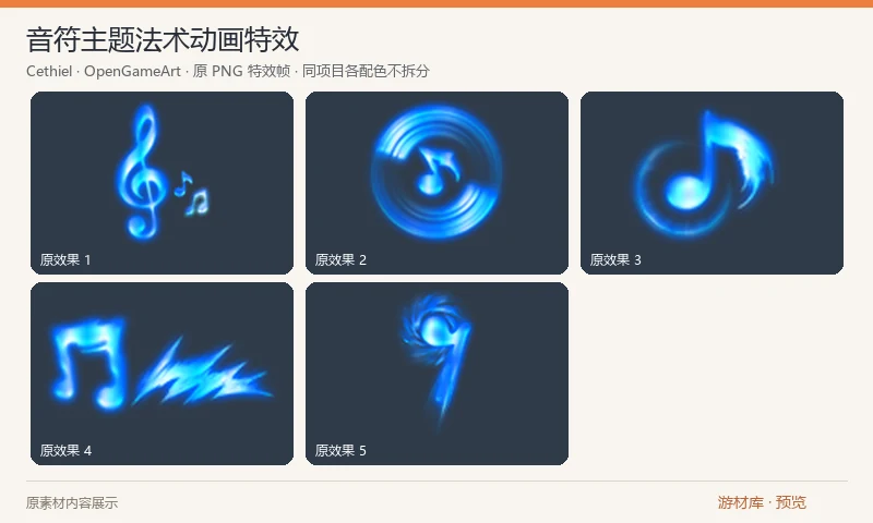 音符主题法术动画特效：五组音符与音乐主题的 PNG 法术序列，完整 Everything 原包包含原色、金色、火焰和紫色表现。四套配色不拆成不同资源包；这是视觉特效，不含音乐音频。