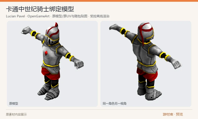 卡通中世纪骑士绑定模型：一个中世纪骑士的 FBX 和 Blender 原模型，附 2K 漫反射贴图。模型已有骨骼但没有动画，预览是同一模型的正背视角。