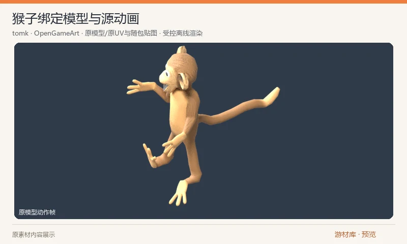 猴子绑定模型与源动画：作者自己游戏 Kill Monkey 使用的猴子 FBX，附原颜色和法线贴图，包含骨骼及一组源动画。预览使用原 UV 与原贴图的柔光展示渲染，不把多个辅助骨骼动画轨道当作不同动作。