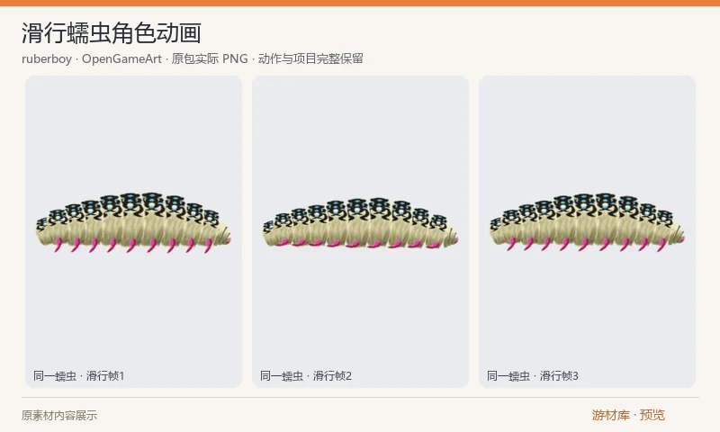 滑行蠕虫角色动画：一个手绘蠕虫角色的 PNG 滑行动画。原作者说明只保留了滑行序列，因此不承诺待机、攻击或死亡等其他动作；预览选取同一序列的不同帧。