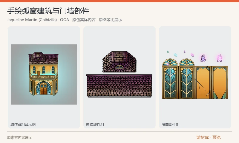 手绘弧窗建筑与门墙部件：Jaqueline Martin 的彩色手绘建筑部件，含8张PNG和5份分层PSD，提供楼体、屋顶、墙窗、门体状态图集及原作者组合示例。适合侧视建筑立面与门窗外观设计。