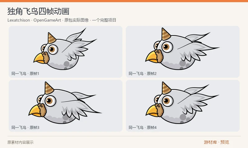 独角飞鸟四帧动画：一个带独角和小胡须的卡通飞鸟，提供四帧扇翅动画的三种 PNG 尺寸。说明中推广的外部完整库和地形不包含在此原包内。