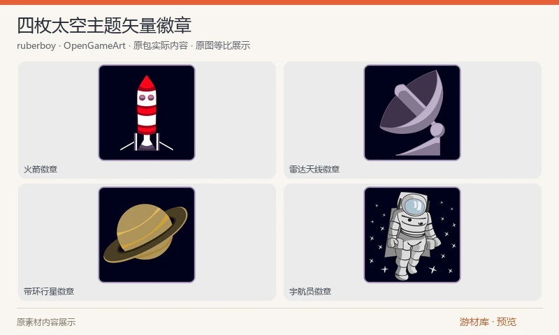 四枚太空主题矢量徽章：四枚带高光的太空徽章，图形为火箭、雷达天线、带环行星和宇航员；原包每枚提供 PNG 与 SVG。